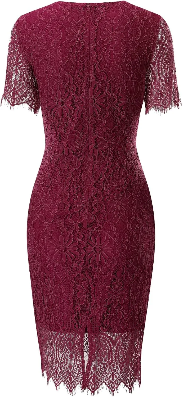 ALLANDWELL Women's Elegant Floral Lace Fixed V Neck Fluttering Short Sleeves Knee Length Dress