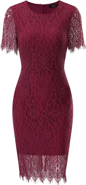 ALLANDWELL Women's Elegant Floral Lace Fixed V Neck Fluttering Short Sleeves Knee Length Dress