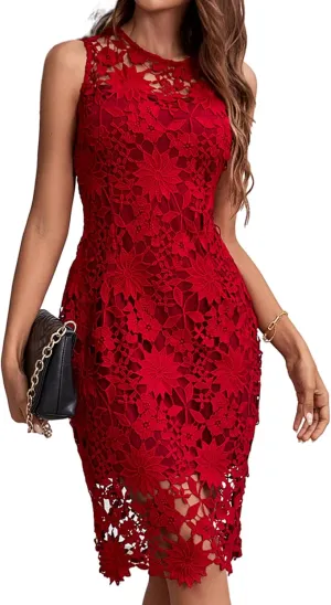 ALLANDWELL Women's Elegant Floral Lace Fixed V Neck Fluttering Short Sleeves Knee Length Dress