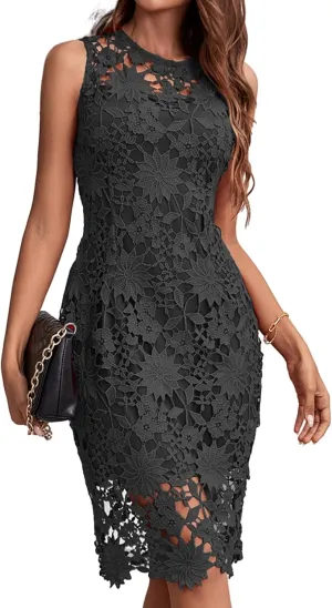 ALLANDWELL Women's Elegant Floral Lace Fixed V Neck Fluttering Short Sleeves Knee Length Dress