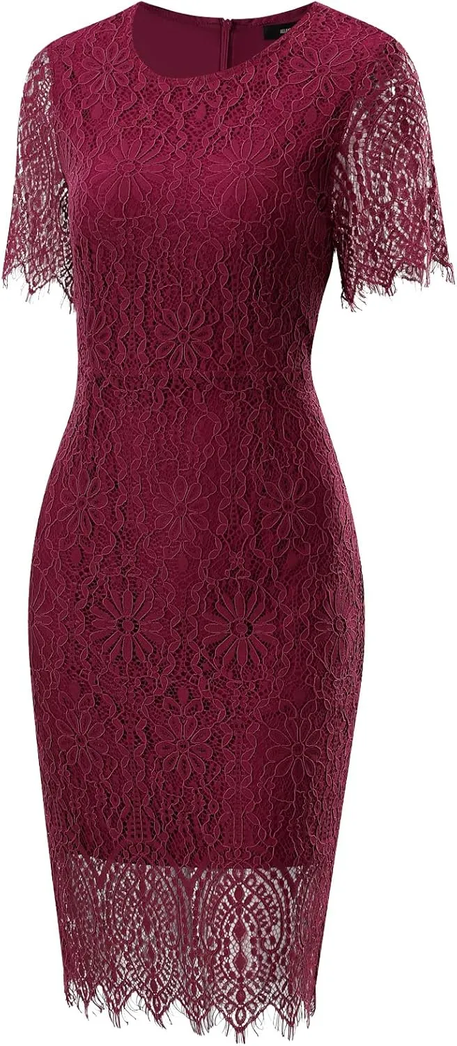 ALLANDWELL Women's Elegant Floral Lace Fixed V Neck Fluttering Short Sleeves Knee Length Dress