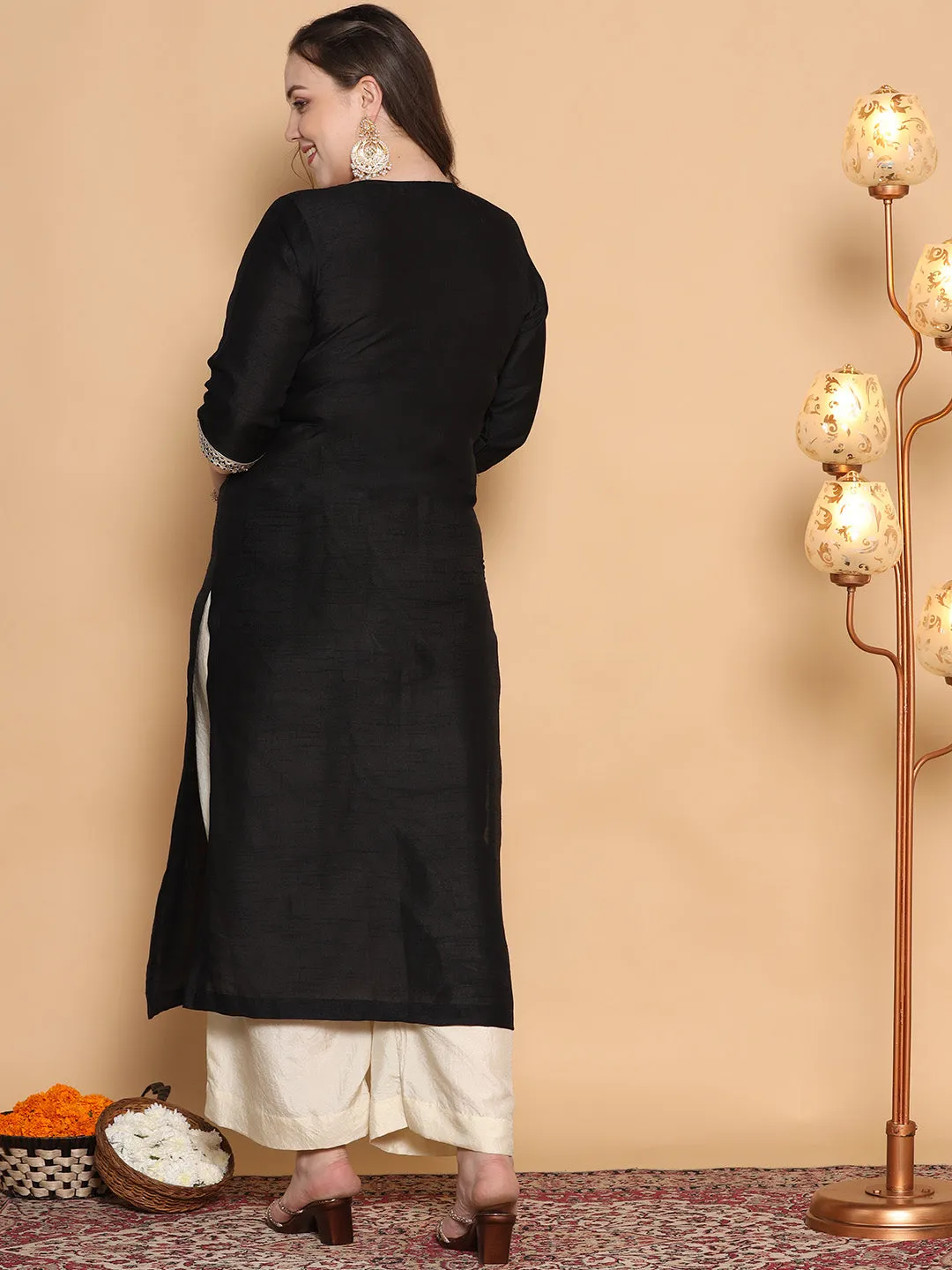 Black Silk Embellished Straight Kurta