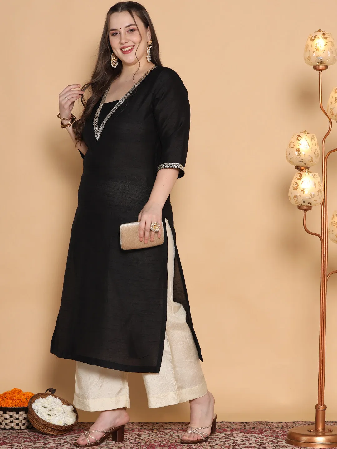 Black Silk Embellished Straight Kurta