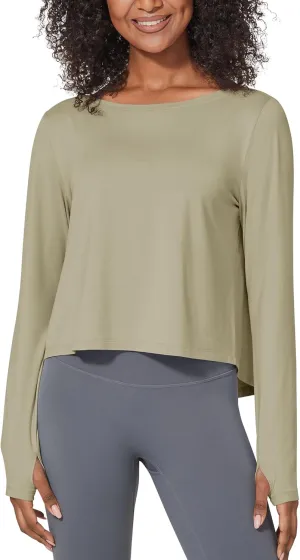G4Free Long Sleeve Crop Top for Women Athletic Gym Workout Tops Loose Cropped T-Shirts