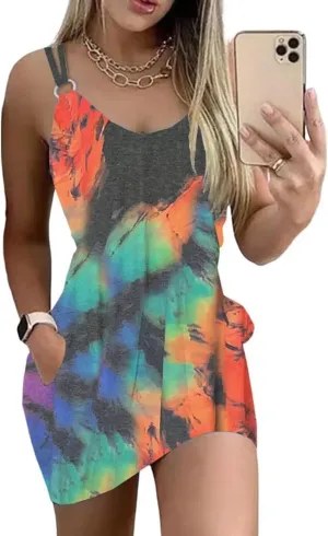 Live Simple Coconut Tree Color Block Pocket Mini Dress Women Summer Beach Sleeveless Strap Tshirt