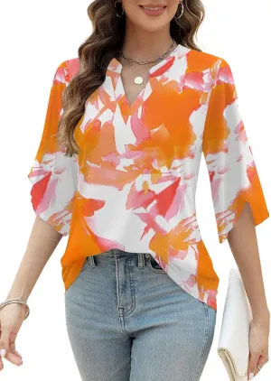LUYAA Women's 3/4 Sleeve Blouses Tops V Neck Casual Dressy Double Layers Mesh Loose Fit Tunic Shirts