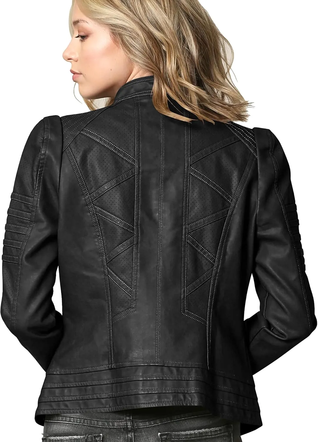 Made By Johnny MBJ Womens Faux Leather Zip Up Moto Biker Jacket with Stitching Detail