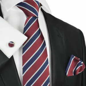 Red and Navy Striped Silk Necktie Set by Paul Malone