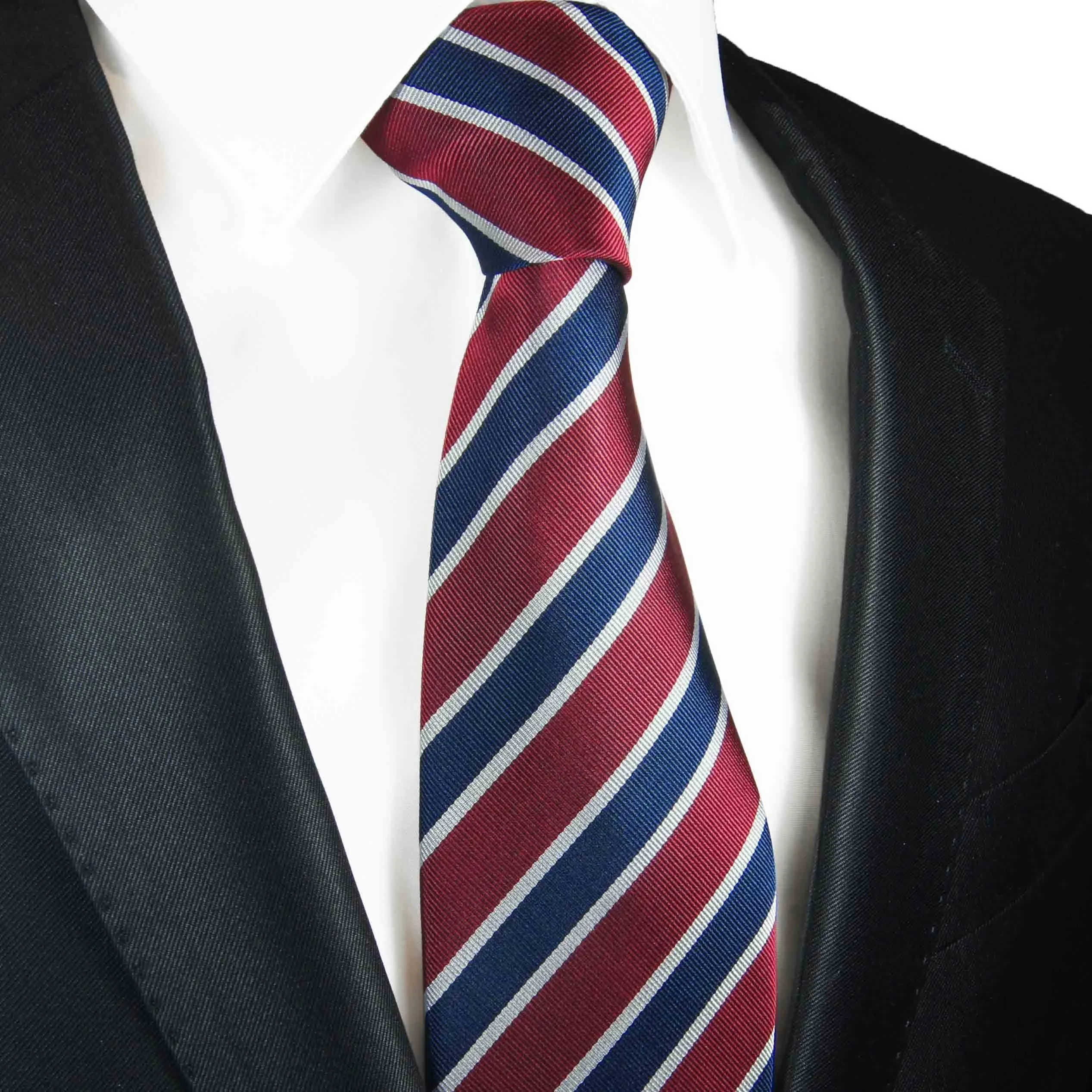 Red and Navy Striped Silk Necktie Set by Paul Malone