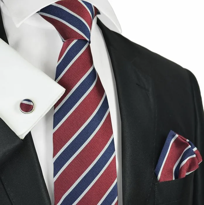 Red and Navy Striped Silk Necktie Set by Paul Malone