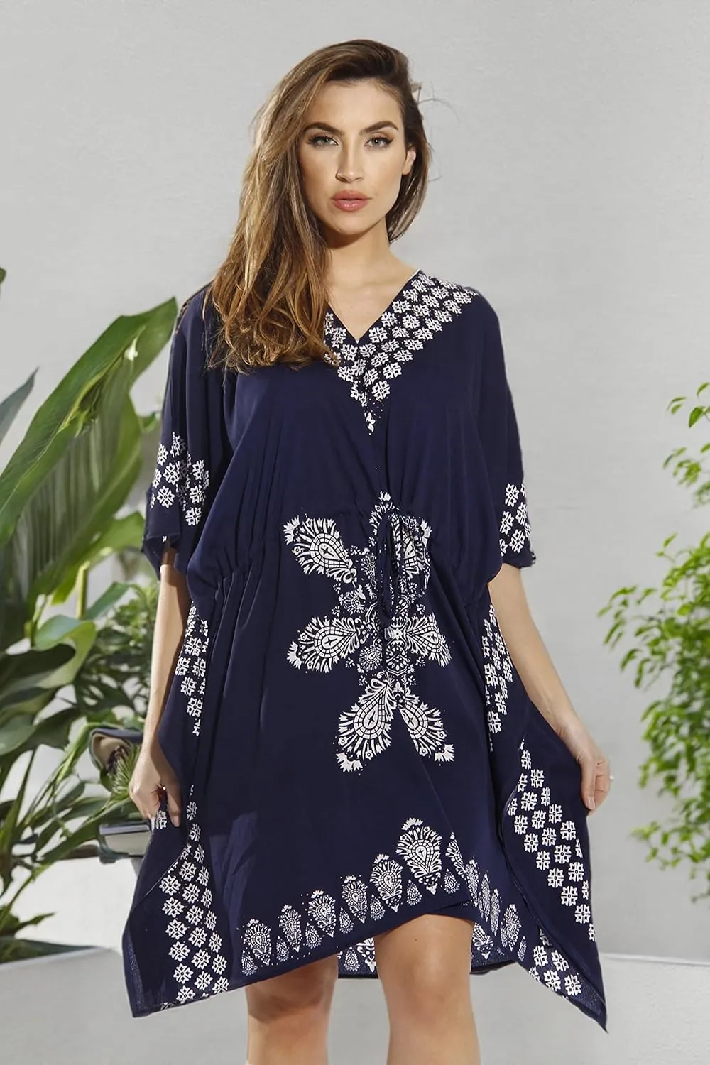 Riviera Sun Short Caftan Dress for Women with Medallion Print