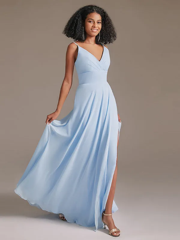 Simple V-Neck Chiffon Bridesmaid Maxi Dress with Pocket