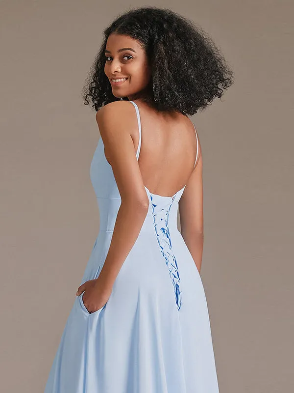 Simple V-Neck Chiffon Bridesmaid Maxi Dress with Pocket