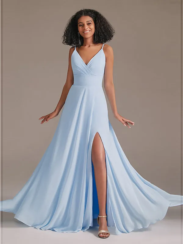 Simple V-Neck Chiffon Bridesmaid Maxi Dress with Pocket