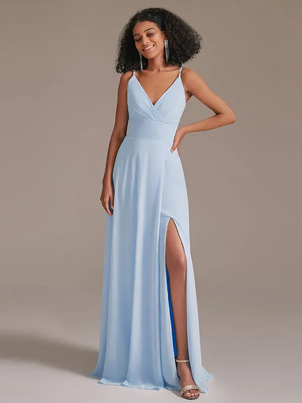 Simple V-Neck Chiffon Bridesmaid Maxi Dress with Pocket