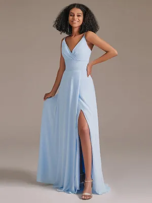 Simple V-Neck Chiffon Bridesmaid Maxi Dress with Pocket
