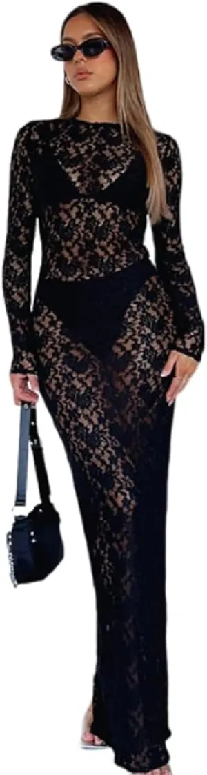 Suillty Women's Elegant Floral Lace Long Sleeve Maxi Dress MeshSee Through Bodycon Y2K Party Club Outfit