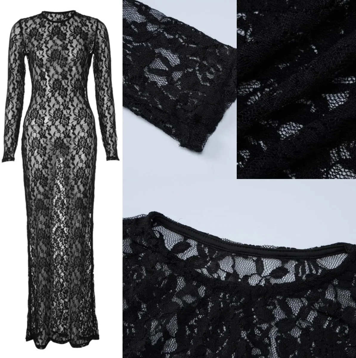 Suillty Women's Elegant Floral Lace Long Sleeve Maxi Dress MeshSee Through Bodycon Y2K Party Club Outfit