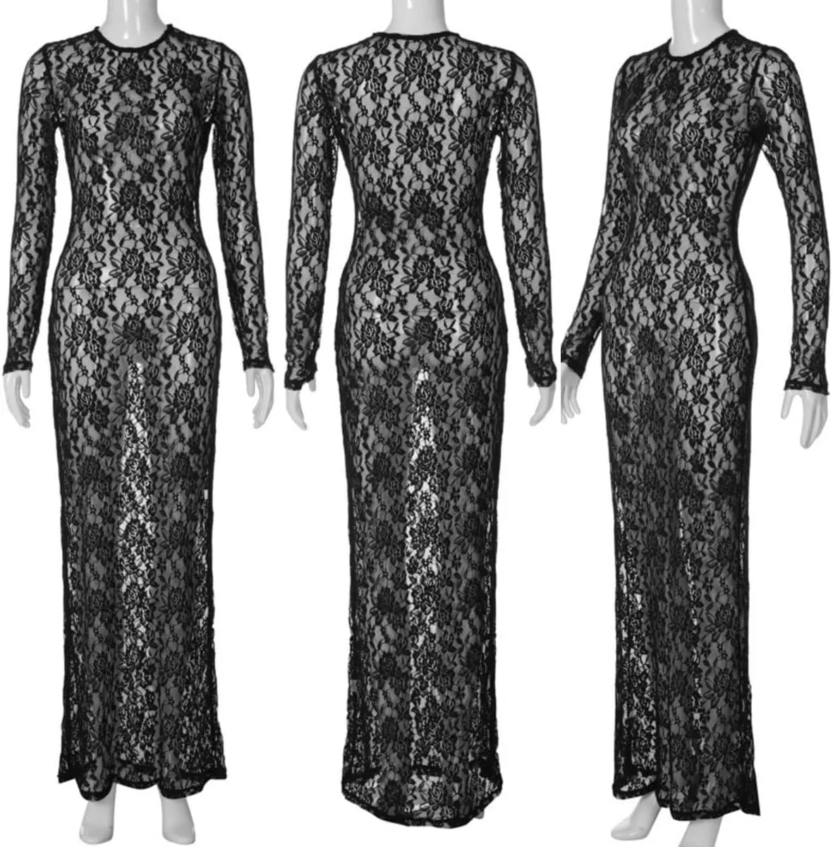 Suillty Women's Elegant Floral Lace Long Sleeve Maxi Dress MeshSee Through Bodycon Y2K Party Club Outfit