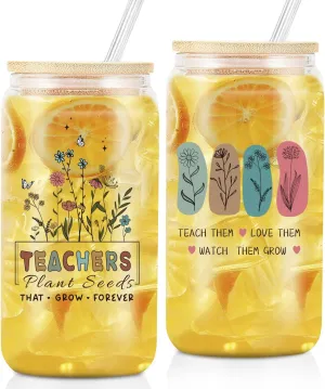 Teacher Appreciation Gifts - 16oz Can Shaped Glass Cup With Lid And Straw For Teacher 's Day Appreciation Gifts - Unique Thank You Teachers Gift Mothers Day Graduation from Students, Graduation Party