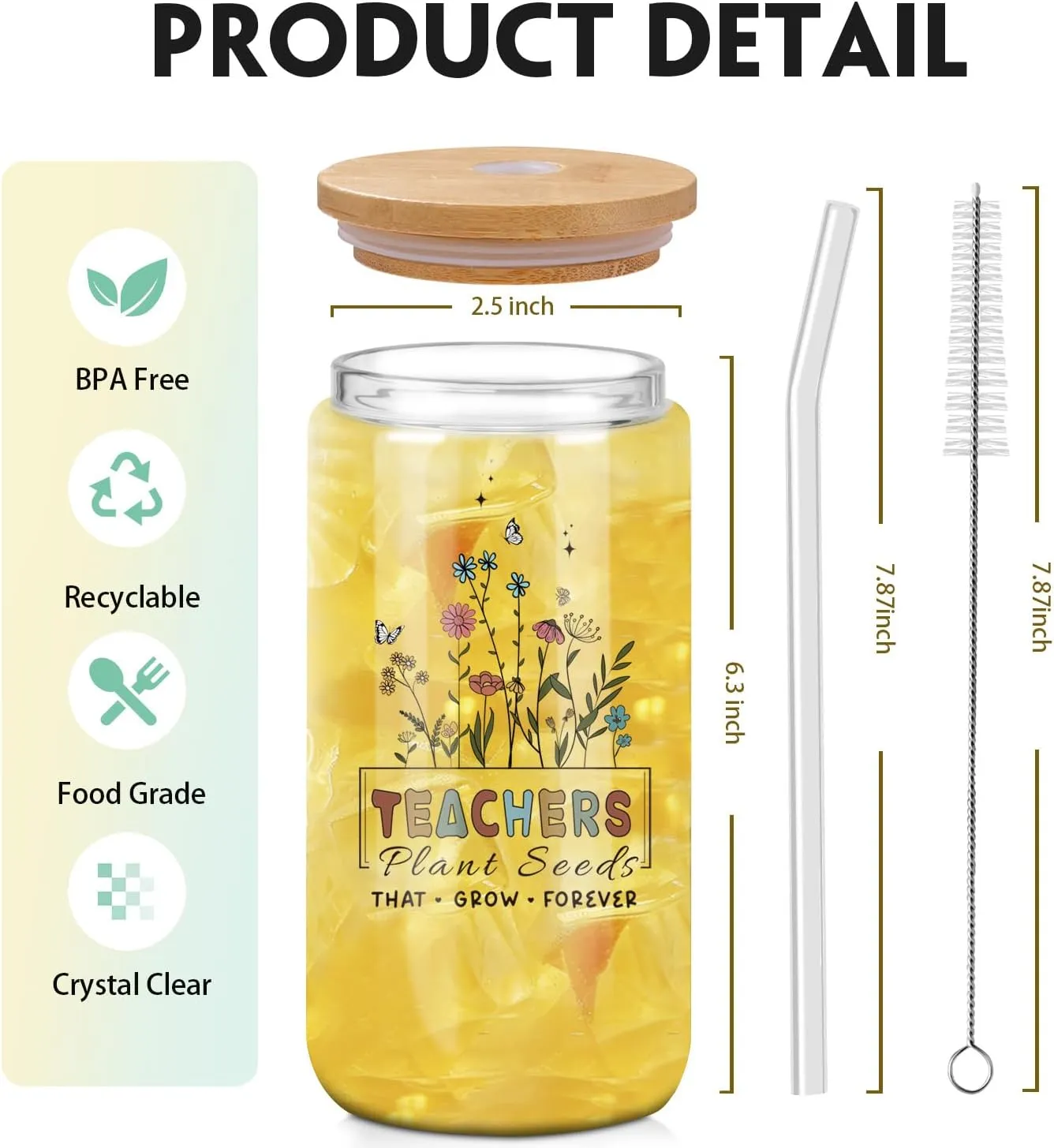 Teacher Appreciation Gifts - 16oz Can Shaped Glass Cup With Lid And Straw For Teacher 's Day Appreciation Gifts - Unique Thank You Teachers Gift Mothers Day Graduation from Students, Graduation Party
