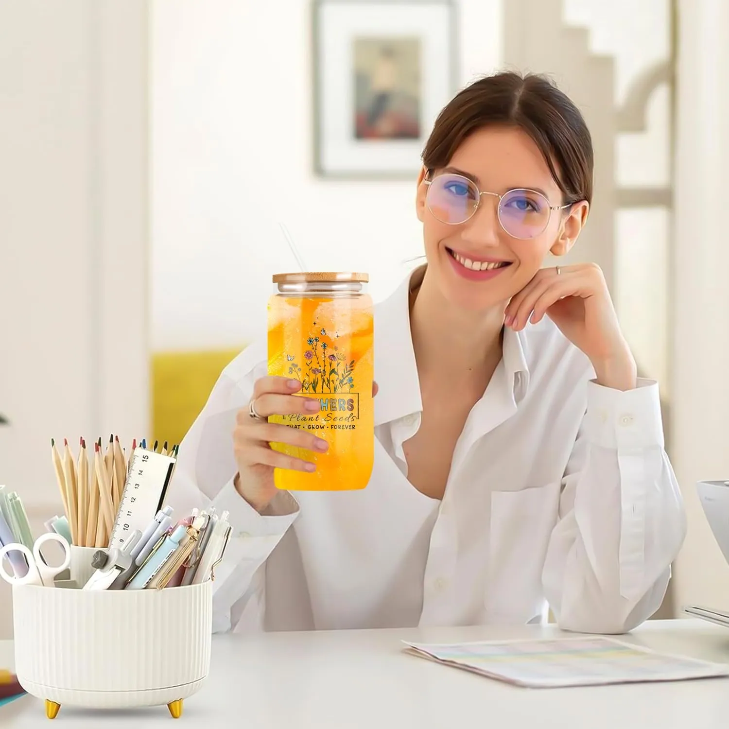 Teacher Appreciation Gifts - 16oz Can Shaped Glass Cup With Lid And Straw For Teacher 's Day Appreciation Gifts - Unique Thank You Teachers Gift Mothers Day Graduation from Students, Graduation Party