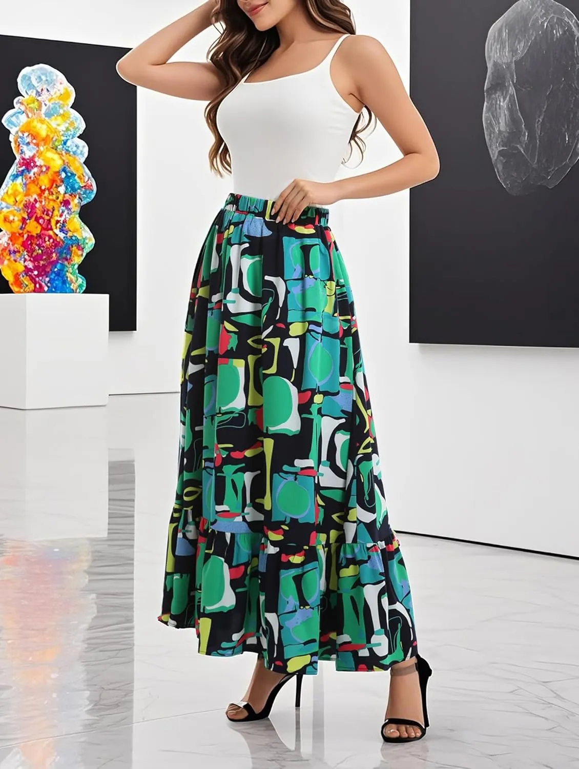 Urban CoCo Women's Summer Flowy Boho A-Line Pleated Maxi Skirt Elastic Waist Long Beach Skirts with Pockets