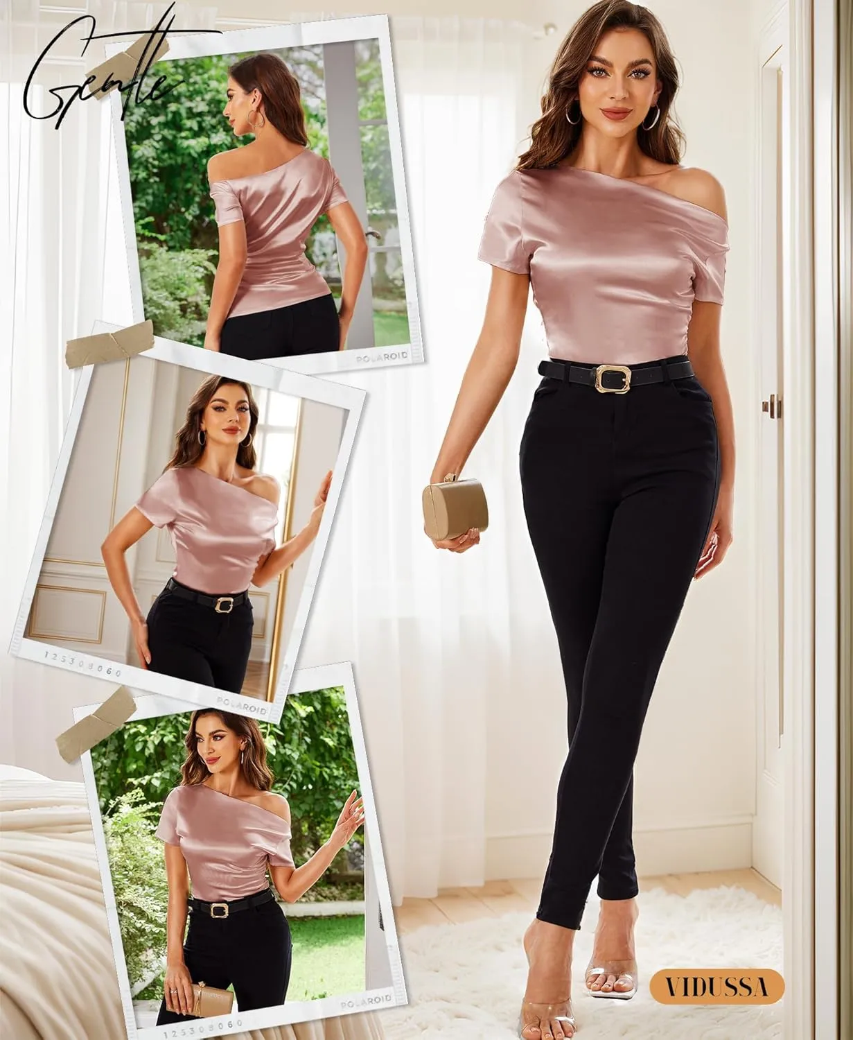 VIDUSSA Off Shoulder Tops for Women - Silk Satin Blouse Dressy Casual Short Sleeve Ruched Asymmetrical Summer Shirts