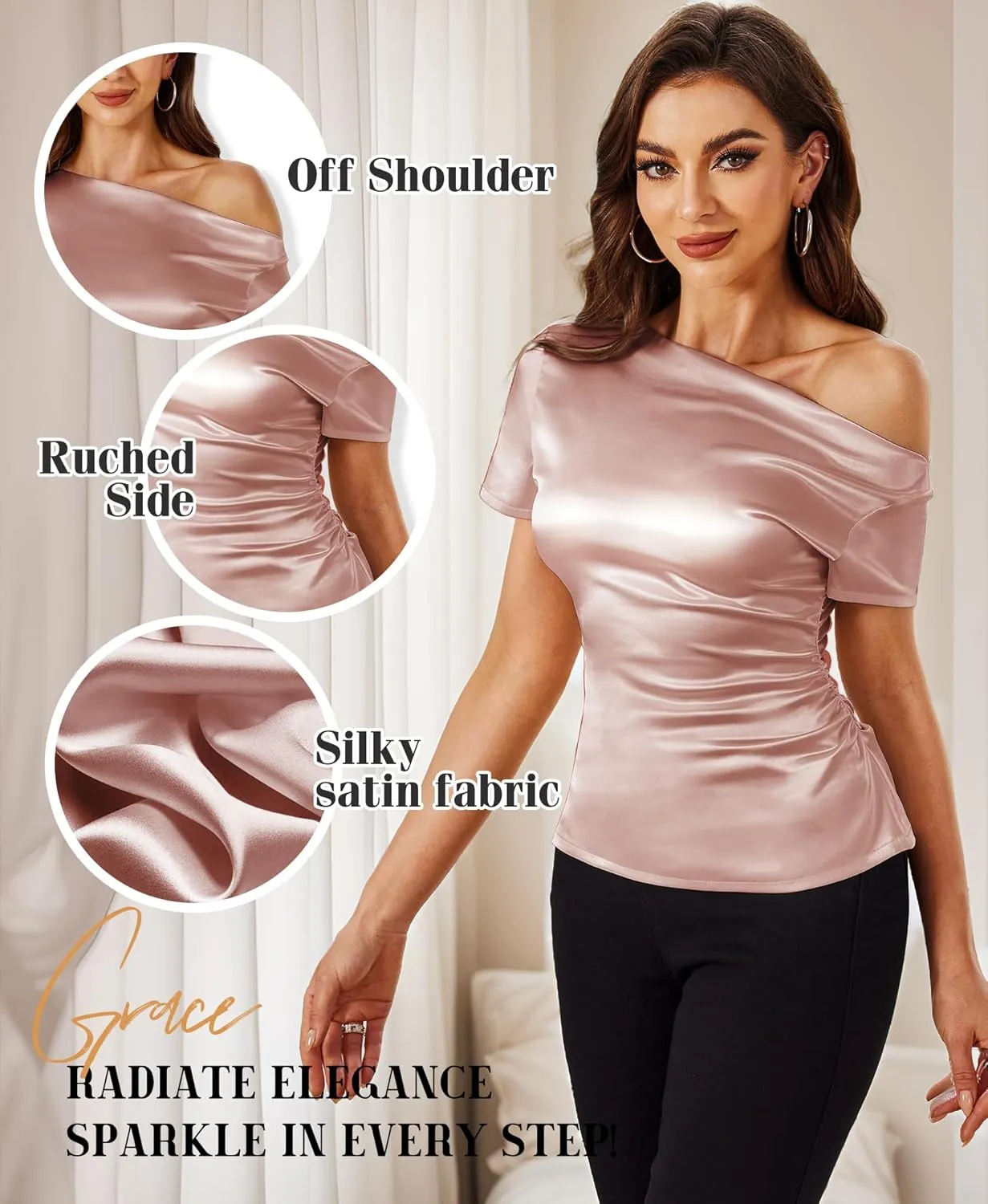 VIDUSSA Off Shoulder Tops for Women - Silk Satin Blouse Dressy Casual Short Sleeve Ruched Asymmetrical Summer Shirts
