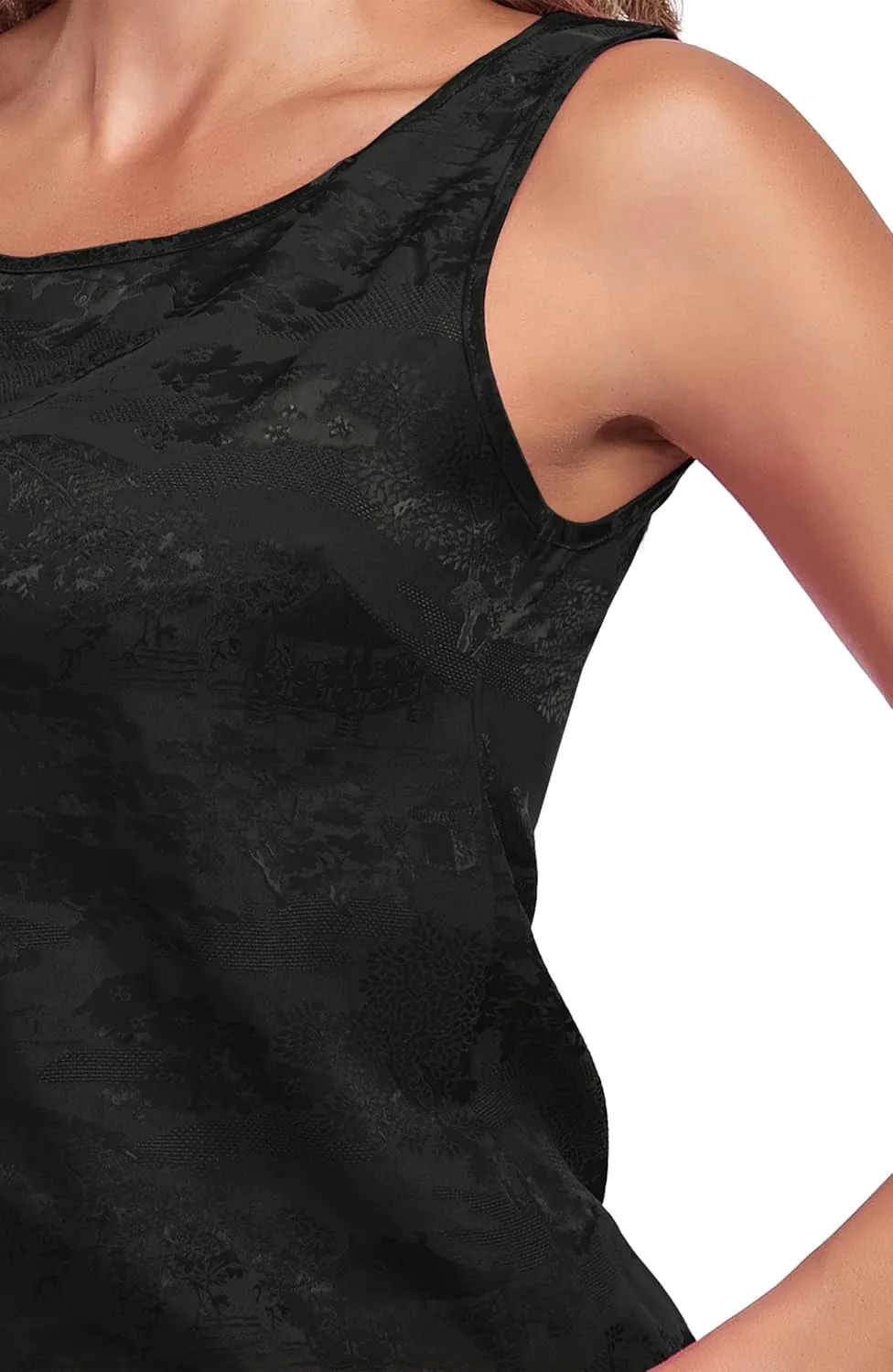 Wantschun Womens Silk Satin Tank Tops Round Neck Jacquard Camisole Summer Basic Tank Shirt Sleeveless Blouse