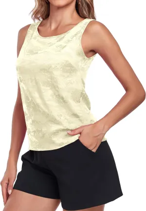 Wantschun Womens Silk Satin Tank Tops Round Neck Jacquard Camisole Summer Basic Tank Shirt Sleeveless Blouse
