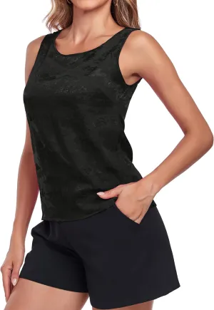 Wantschun Womens Silk Satin Tank Tops Round Neck Jacquard Camisole Summer Basic Tank Shirt Sleeveless Blouse
