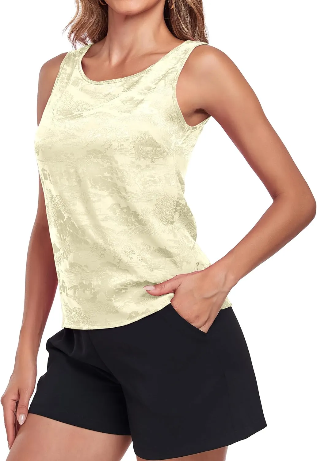 Wantschun Womens Silk Satin Tank Tops Round Neck Jacquard Camisole Summer Basic Tank Shirt Sleeveless Blouse