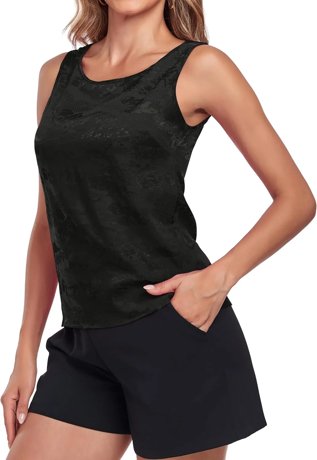 Wantschun Womens Silk Satin Tank Tops Round Neck Jacquard Camisole Summer Basic Tank Shirt Sleeveless Blouse