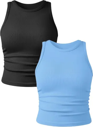 Women's 2 Pieces Basic Seamless Tank Tops Sleeveless Crew Neck Workout Exercise Crop Camis