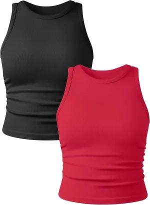 Women's 2 Pieces Basic Seamless Tank Tops Sleeveless Crew Neck Workout Exercise Crop Camis