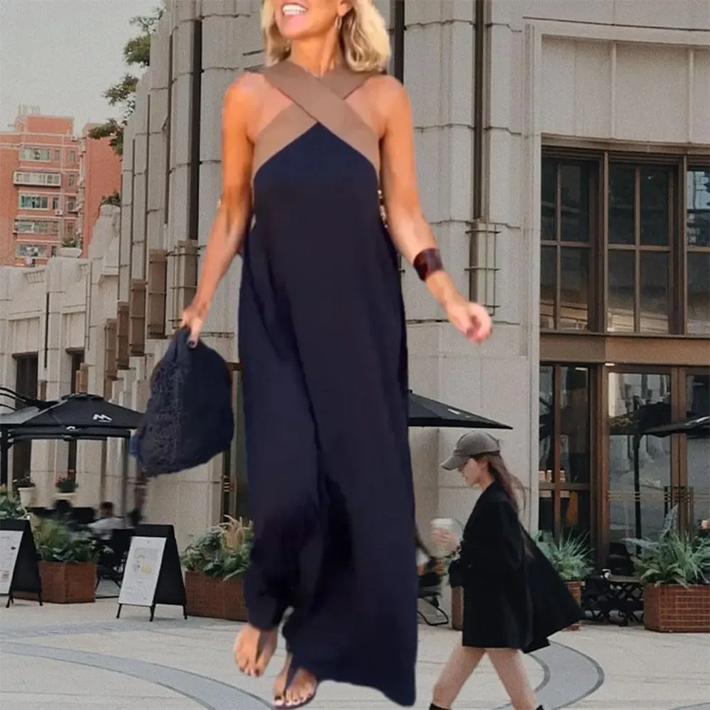 Women's Cross Halter Neck Sleeveless Stitching Dress, 2025 Summer Backless Sexy Criss Cross Halter Dresses for Women