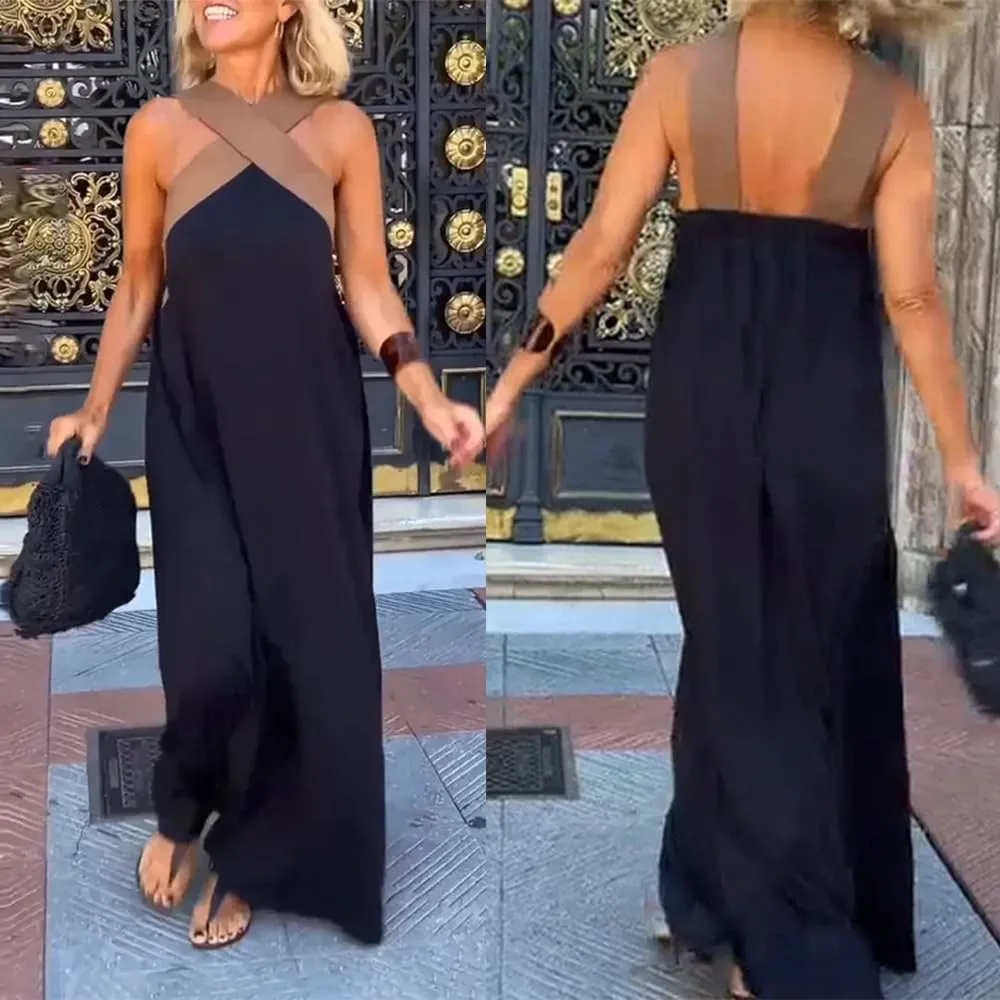 Women's Cross Halter Neck Sleeveless Stitching Dress, 2025 Summer Backless Sexy Criss Cross Halter Dresses for Women
