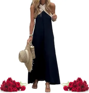 Women's Cross Halter Neck Sleeveless Stitching Dress, 2025 Summer Backless Sexy Criss Cross Halter Dresses for Women