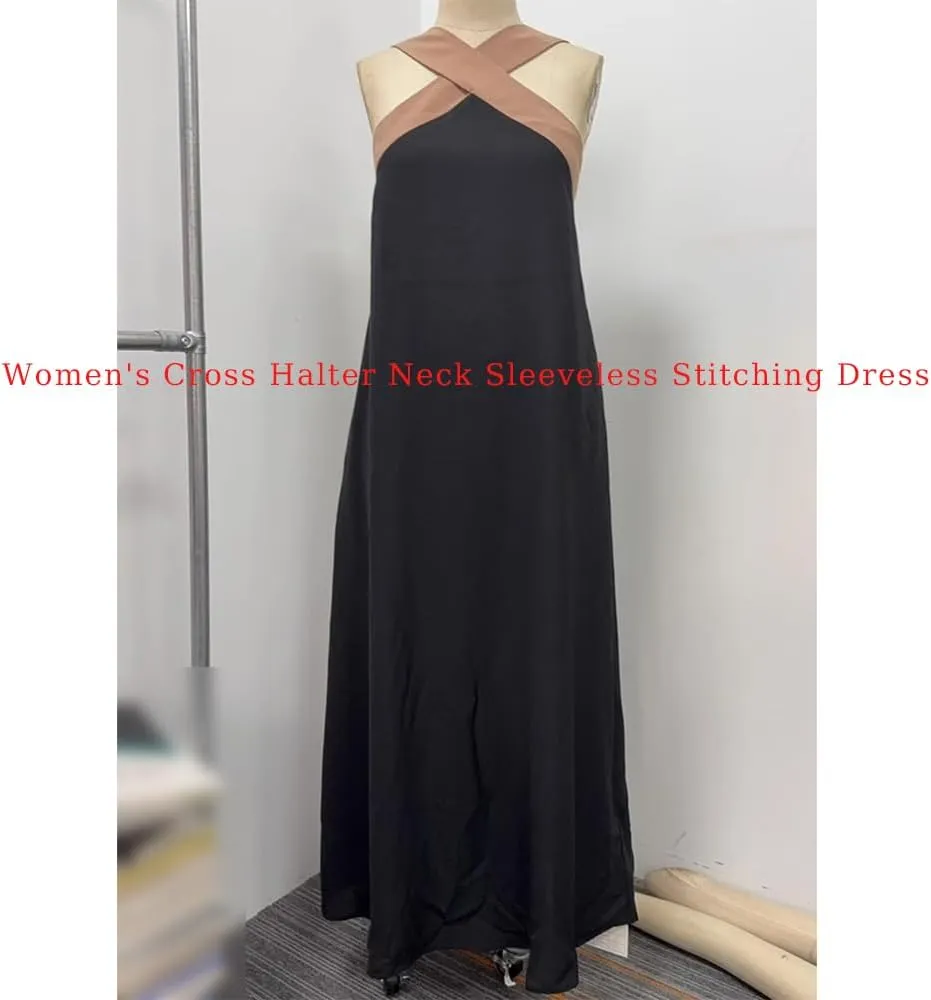 Women's Cross Halter Neck Sleeveless Stitching Dress, 2025 Summer Backless Sexy Criss Cross Halter Dresses for Women