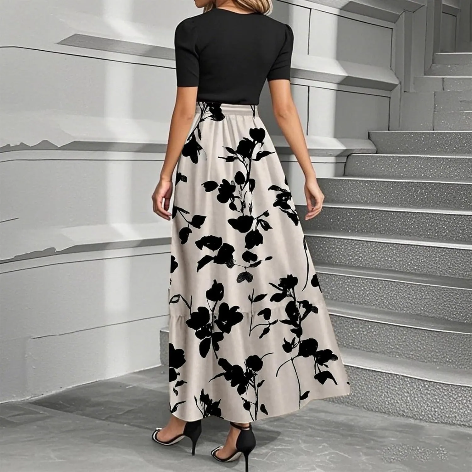 Women's Floral Summer Fashion Dresses Boho Tie Belted Patchwork Empire Waist Short Sleeve Ruffle Flowy Long Dress