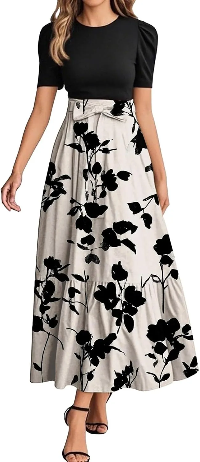 Women's Floral Summer Fashion Dresses Boho Tie Belted Patchwork Empire Waist Short Sleeve Ruffle Flowy Long Dress