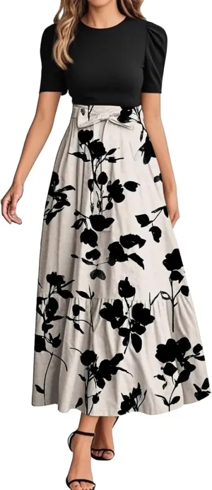 Women's Floral Summer Fashion Dresses Boho Tie Belted Patchwork Empire Waist Short Sleeve Ruffle Flowy Long Dress