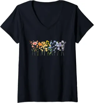 Womens Gay Pride Subtle Wildflowers LGBTQ Month Rainbow Flowers V-Neck T-Shirt