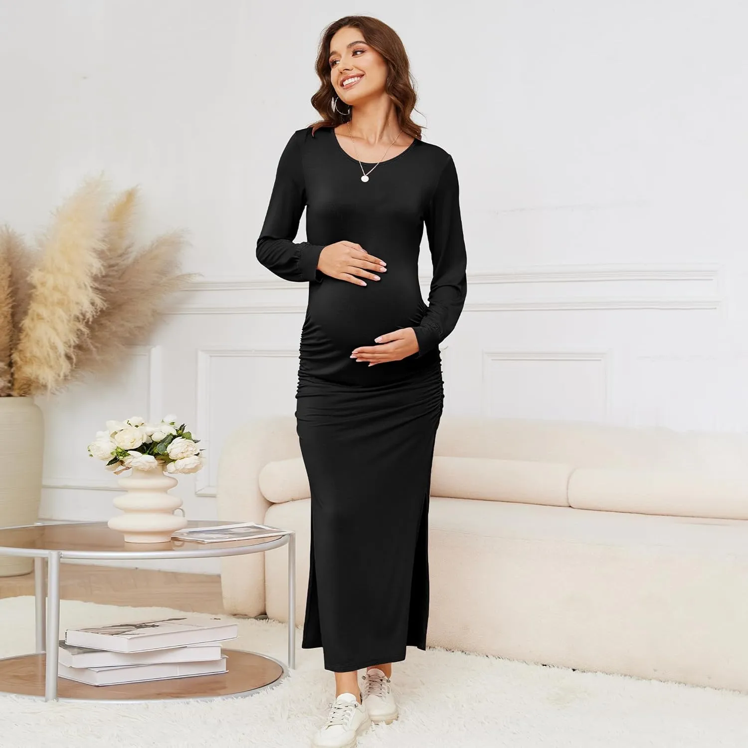 Women's Maternity Dress Long Sleeve Bodycon Split Maxi Dresses for Baby Shower 2025 Spring Pregnancy Clothes