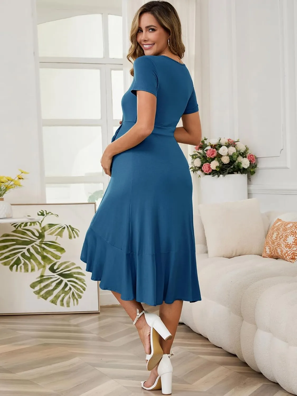 Women's Maternity Nursing Dress Wrap V Neck Pleated Short Sleeve Ruffle Semi Formal Pregnancy Breastfeeding