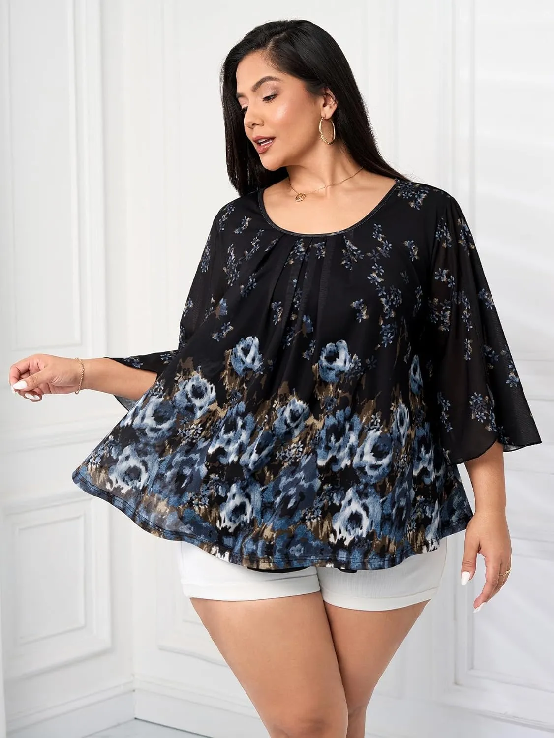 Womens Plus Size Casual Tops Floral Pleated Crewneck Flutter 3/4 Sleeve Mesh Double Layers Flowy Blouse Shirt