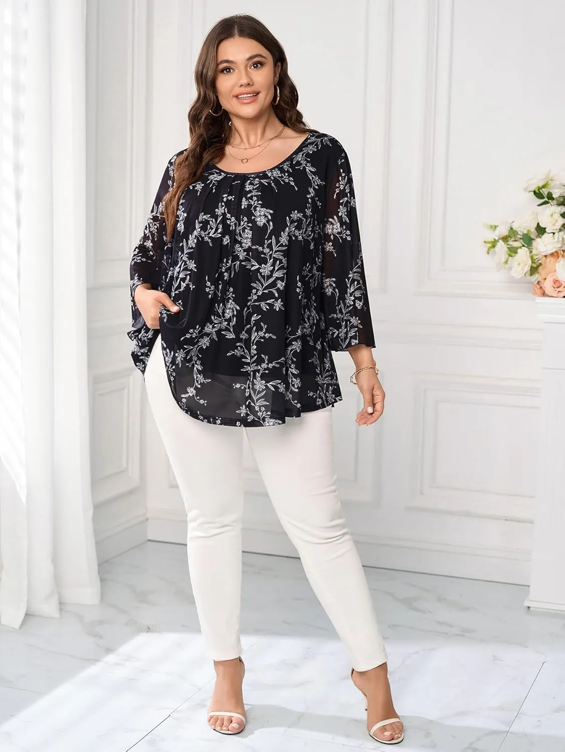 Womens Plus Size Casual Tops Floral Pleated Crewneck Flutter 3/4 Sleeve Mesh Double Layers Flowy Blouse Shirt
