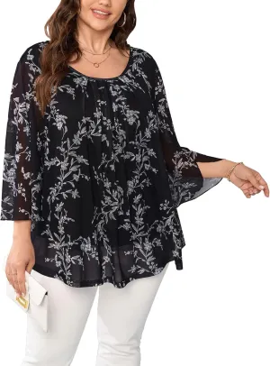 Womens Plus Size Casual Tops Floral Pleated Crewneck Flutter 3/4 Sleeve Mesh Double Layers Flowy Blouse Shirt