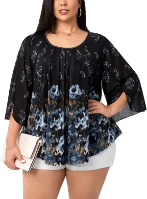 Womens Plus Size Casual Tops Floral Pleated Crewneck Flutter 3/4 Sleeve Mesh Double Layers Flowy Blouse Shirt